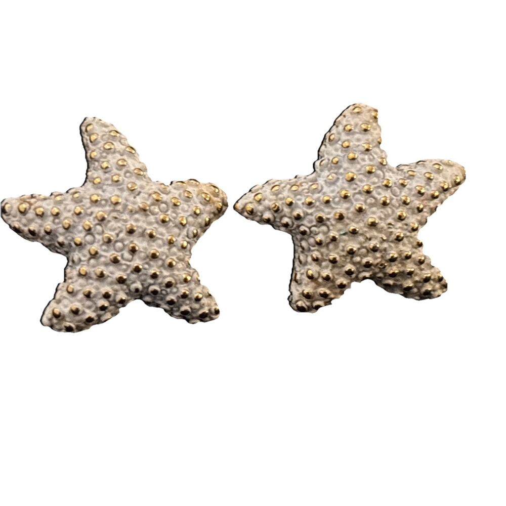 Starfish Stud Earrings Gold Tone & White Enamel Textured 1” Nautical Ocean